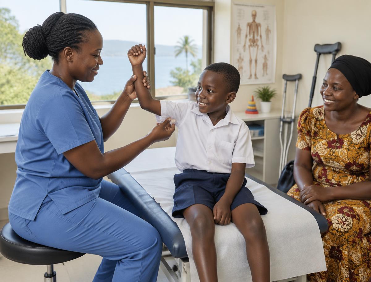 Clinician checking a child's arm movement while the child's mother watches