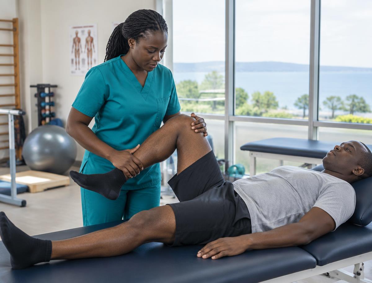 Physiotherapist guiding a patient through a knee mobility exercise